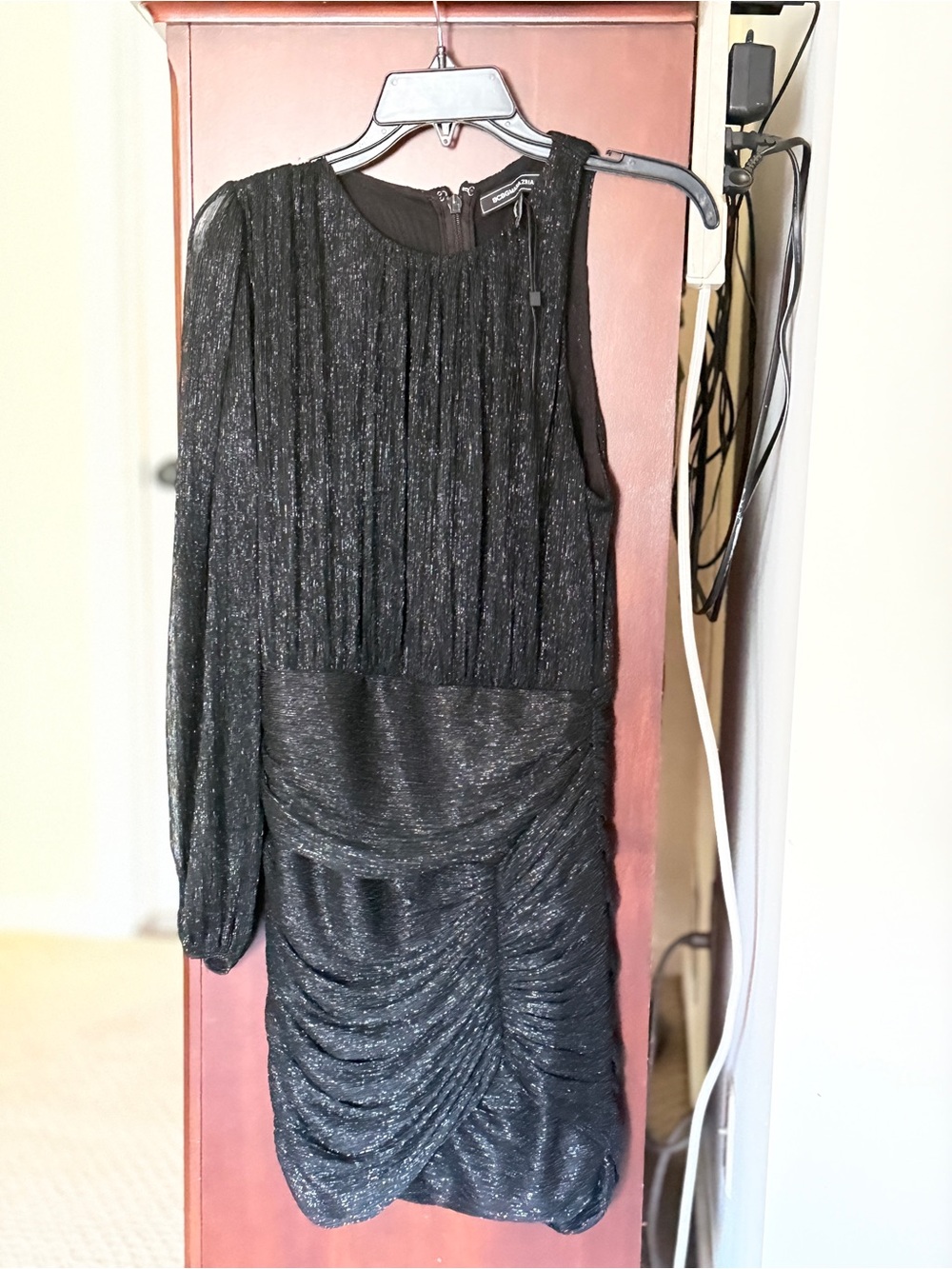 BCBGMaxAzria Black One-Shoulder Sparkle Long-Sleeve Dress